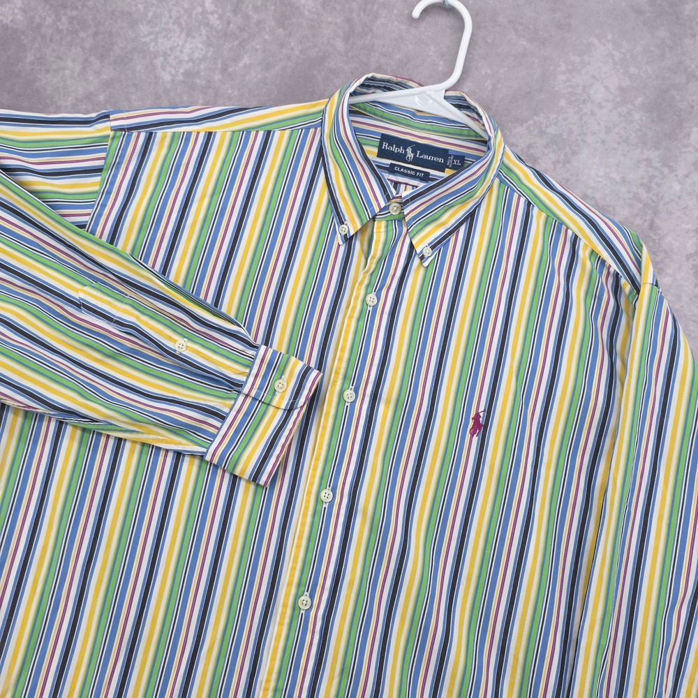 Polo Ralph Lauren Mens XL Rainbow Multi Color Striped Button Down Shirt Red Pony